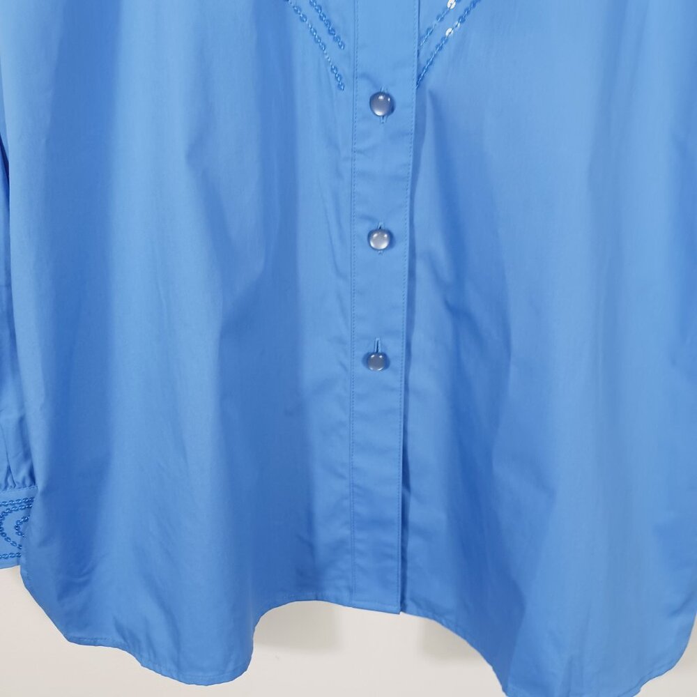 Bob Mackie NWT, Size Med., Blue, Button Down Shirt W/ Sequins & Mandarin Collar - Picture 9 of 16